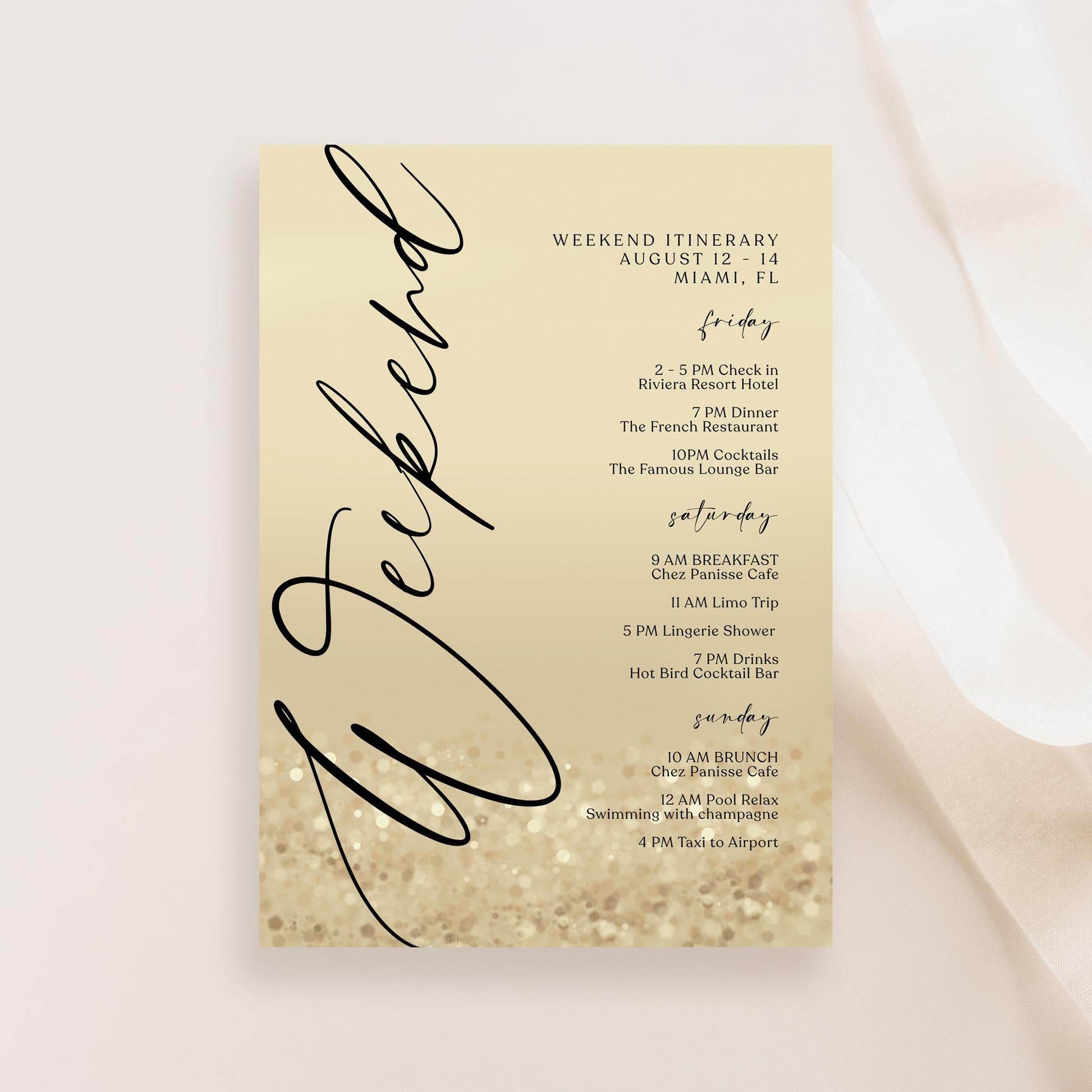 Weekend Itinerary Template – Editable Gold Birthday or Bachelorette Weekend Schedule | Printable Hen Party Itinerary | Text Message Digital Download