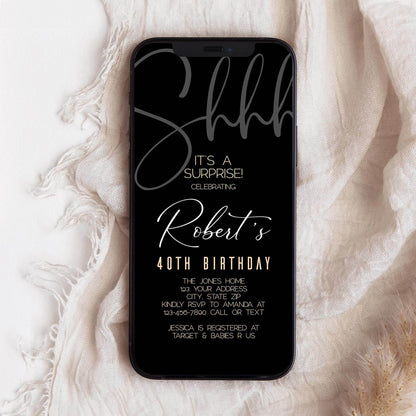 Black Gold 40th Birthday Invitation | Surprise Party Digital Evite | Editable Electronic Forty Invite | Text Message or Email Template | Instant Download