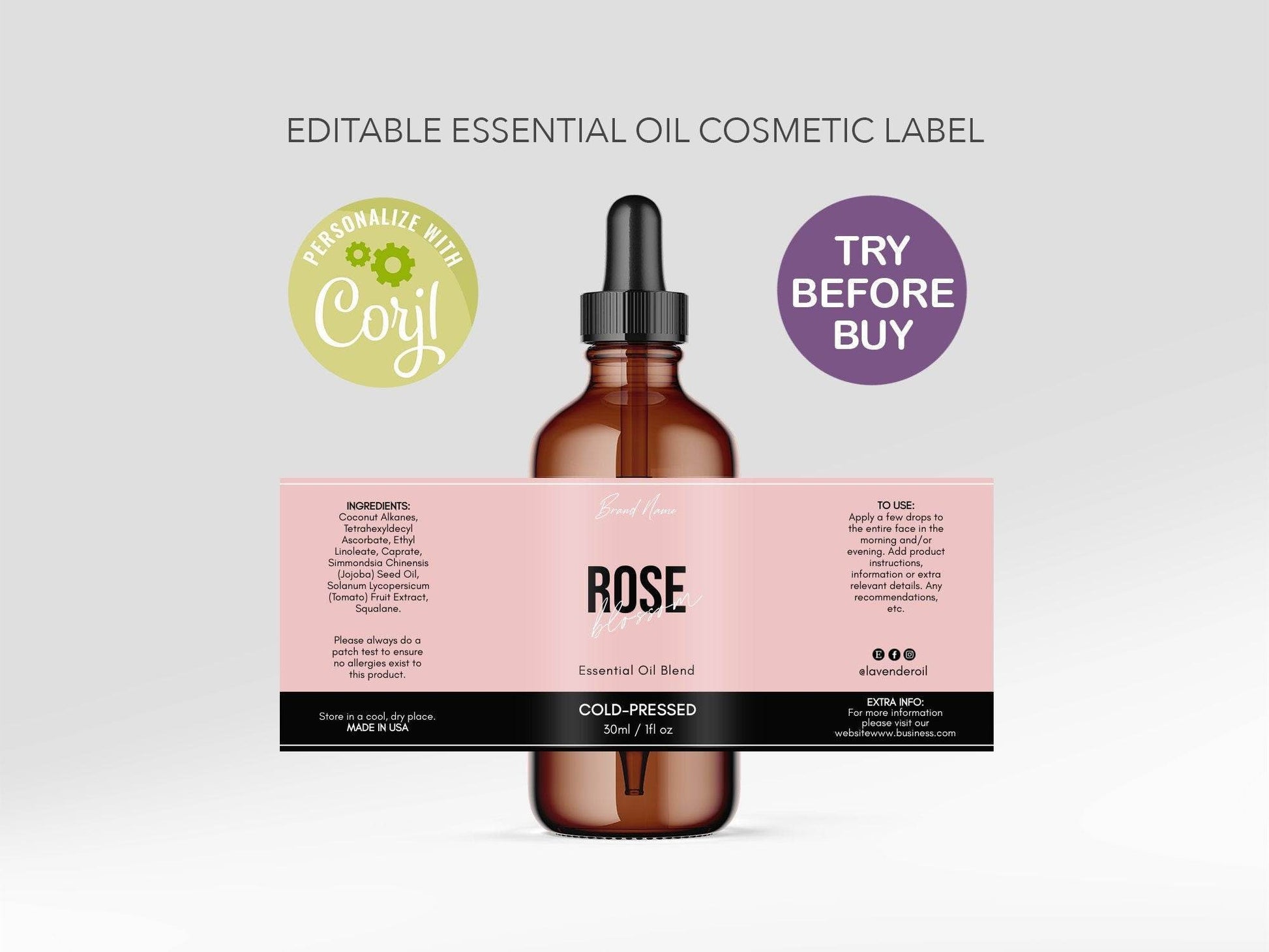 Custom Product Label, 1/2 oz 1oz 2oz 4oz Editable Label Template, Essential Oil Label Design, DIY Label Bottle Label, Oil Dropper Cosmetic