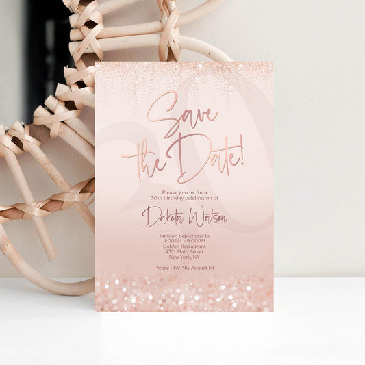 Save the Date Birthday Invitation Template | Editable Pink Rose Gold Invite | Any Age Digital Card | Email or Text Message Evite | Instant Download