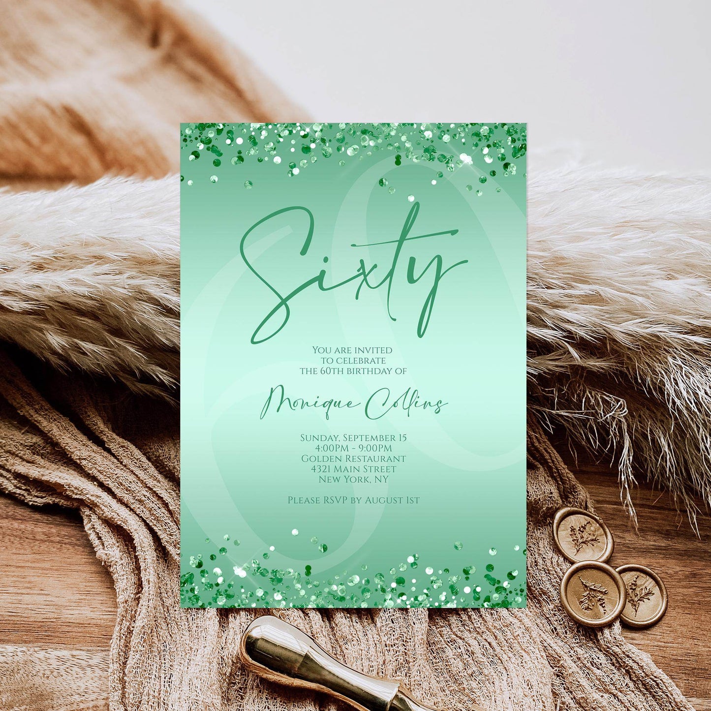 Printable Mint Green 60th Birthday Invitation Template – Editable Digital Mint Birthday Card | Women’s 60th Party Invite | Instant Download