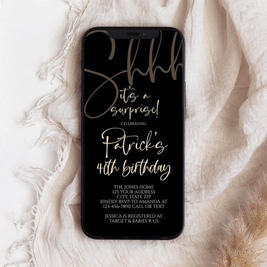 Digital Black Gold Shhh It's a Surprise Electronic 40th Birthday Invitation, Any Age, Editable Text Message Evite, Phone Invite Template