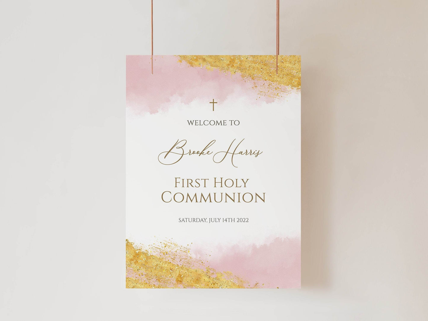 First Holy Communion Welcome Sign Template | Pink Watercolor Girl Communion Sign | Editable Printable Baptism or Communion Poster | Instant Download