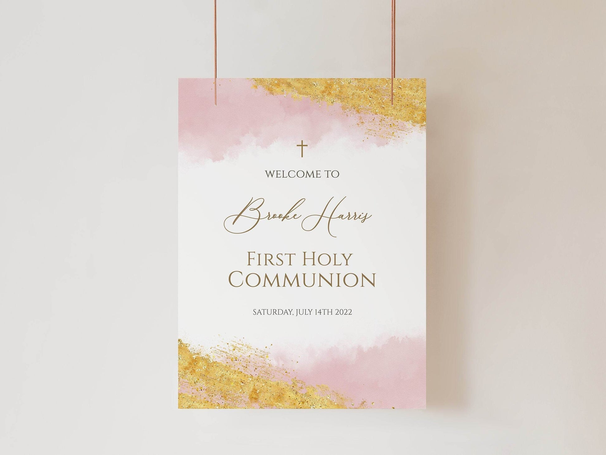 First Holy Communion Welcome Sign Template | Pink Watercolor Girl Communion Sign | Editable Printable Baptism or Communion Poster | Instant Download