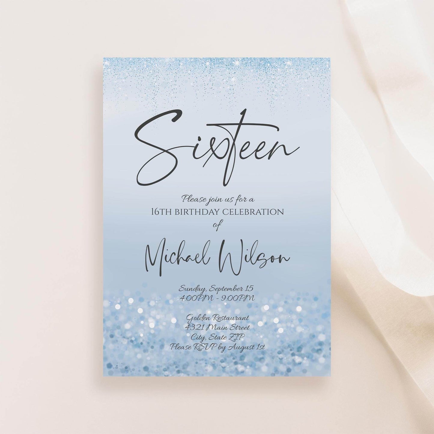 Blue 16th Birthday Invitation Template – Editable Boy Sixteen Party Invite | Modern Confetti Design | Printable or Text Message Digital Download