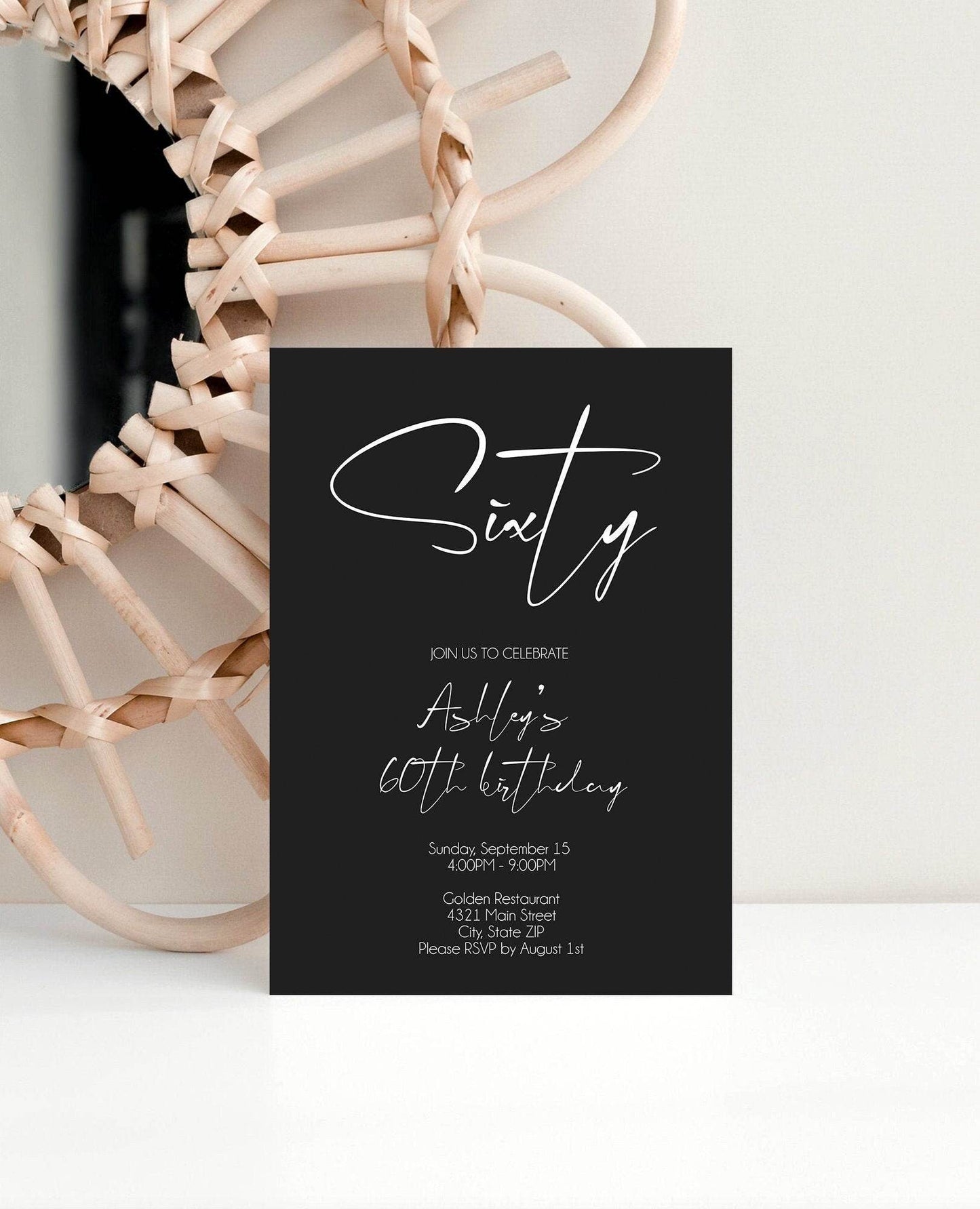 Minimalist 60th Birthday Invitation, Sixty Birthday Invite, Black White Modern Birthday Invitation, Instant Download Template, Sixtieth Bday