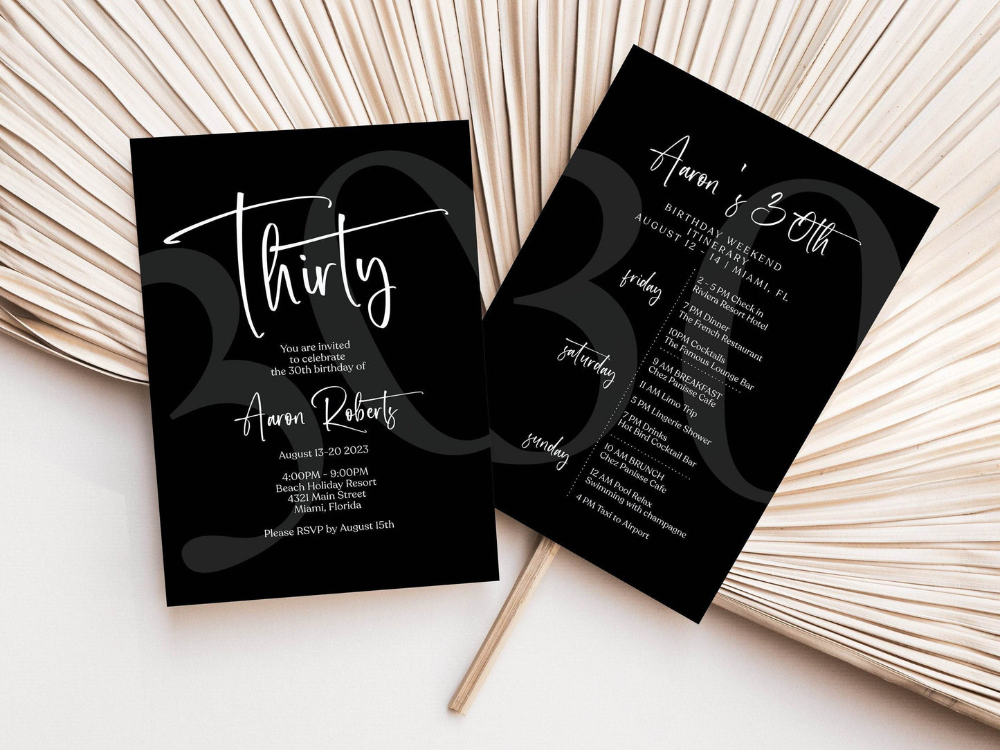 Printable Black 30th Birthday Weekend Itinerary Template | Editable Minimalist Birthday Weekend Schedule | Simple Birthday Events Invite