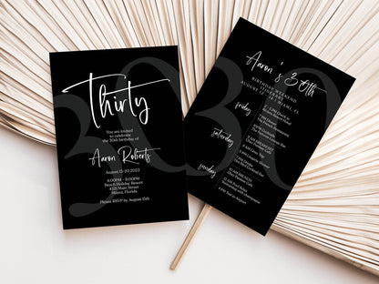 Printable Black 30th Birthday Weekend Itinerary Template | Editable Minimalist Birthday Weekend Schedule | Simple Birthday Events Invite