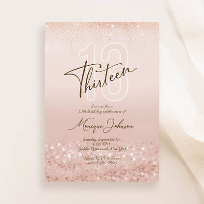 Printable 13th Birthday Invitation Template – Editable Thirteen Girl Birthday Invite – Pink Party Evite – Digital Birthday Card