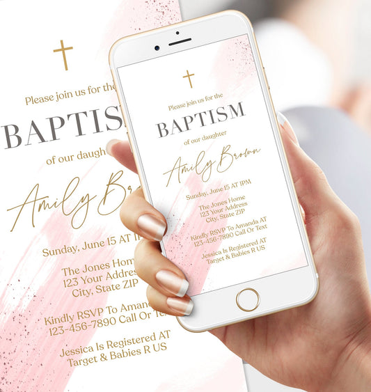 Digital Baptism Invitation Template for Girls | Pink Watercolor Christening Evite | Editable Electronic Invite | Text Message Baptism Card | Instant Download