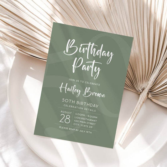 Simple Sage Green Birthday Invitation Template – Editable 5x7 Party Invite | Minimalist Printable Design | DIY Text or Email Evite