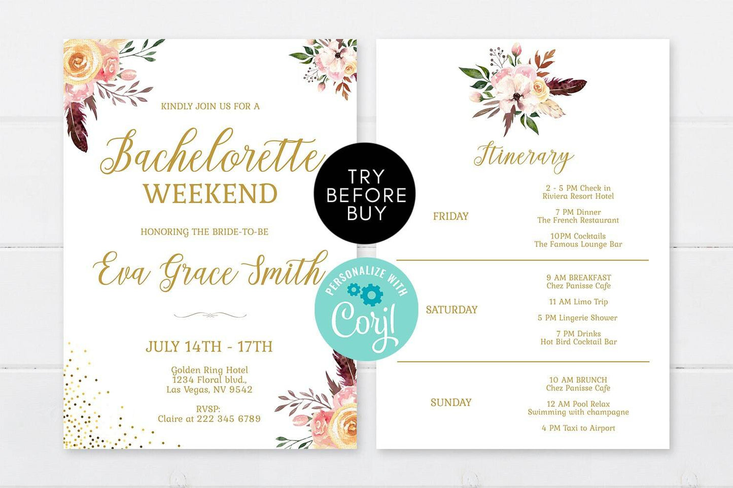 Floral Bachelorette Party Invitation and Weekend Itinerary, Printable Bridal Shower Invite, Editable Hens Weekend Template, Instant Download