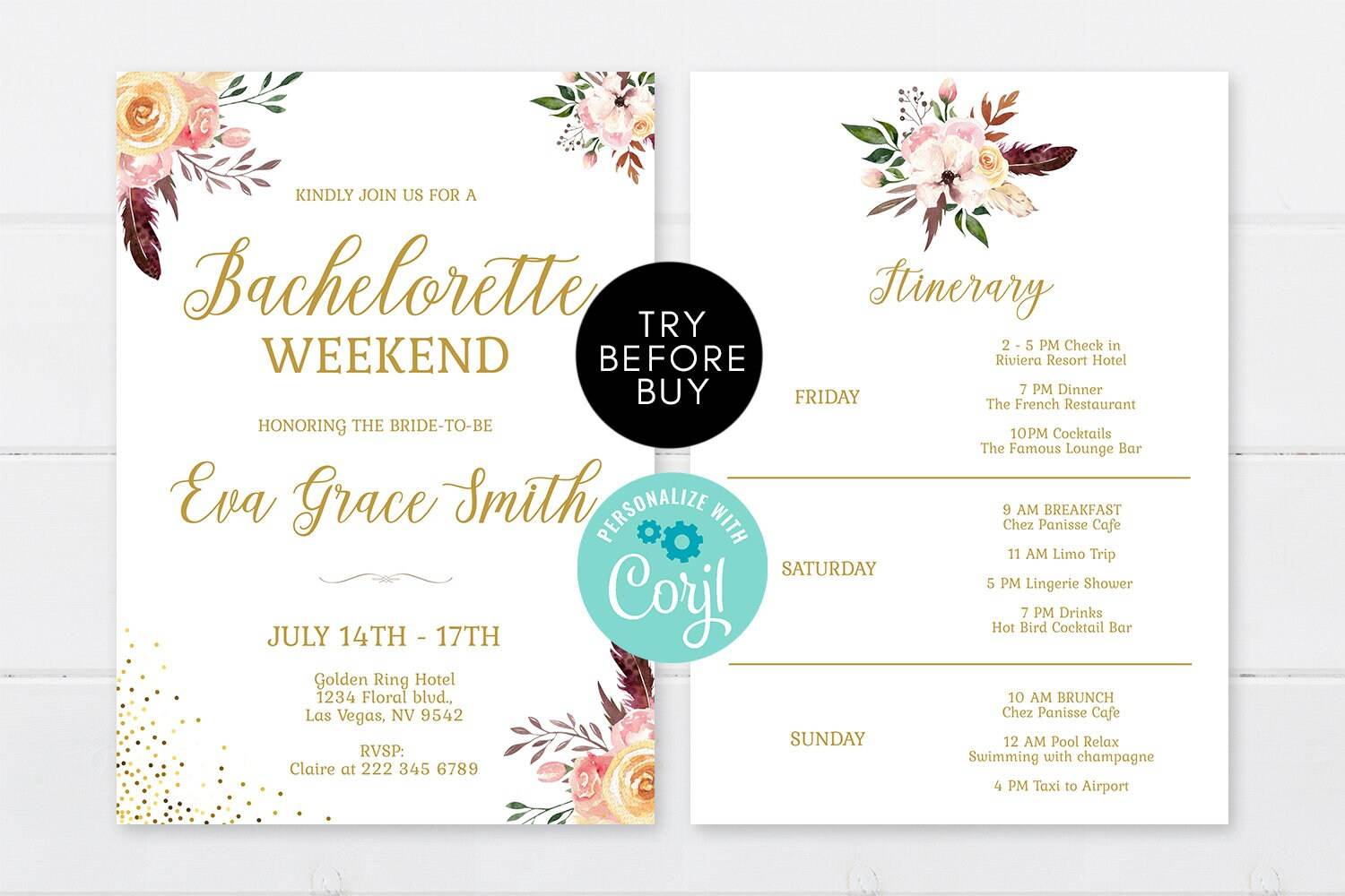 Floral Bachelorette Party Invitation and Weekend Itinerary, Printable Bridal Shower Invite, Editable Hens Weekend Template, Instant Download