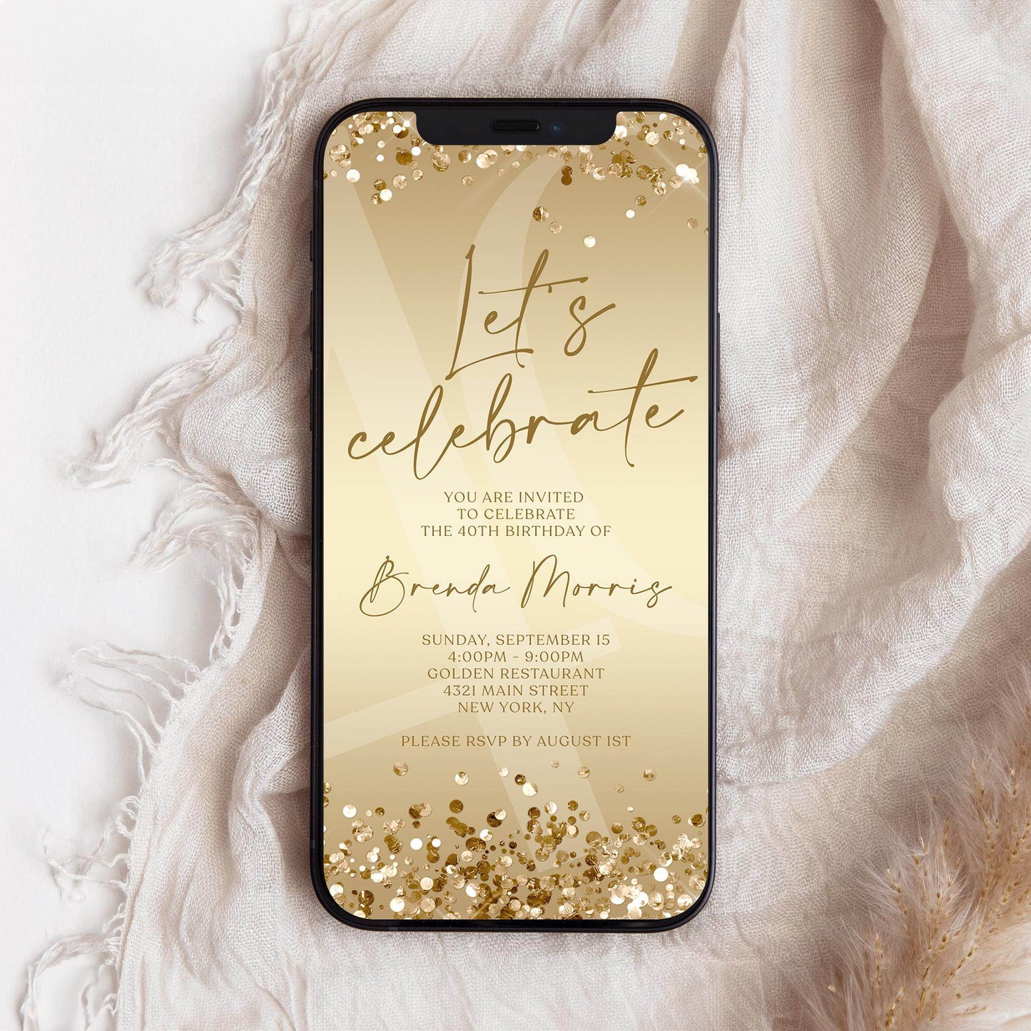 Let’s Celebrate Birthday Invitation Template | Digital Gold Party Evite | Editable Any Age Text Message Invite | Custom Mobile Download