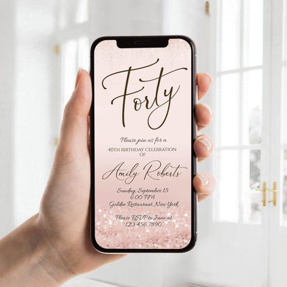 Electronic Forty 40th Birthday Evite Text Invitation Template, Rose Gold Editable Digital Invite, Mobile Birthday Party Invitation Download