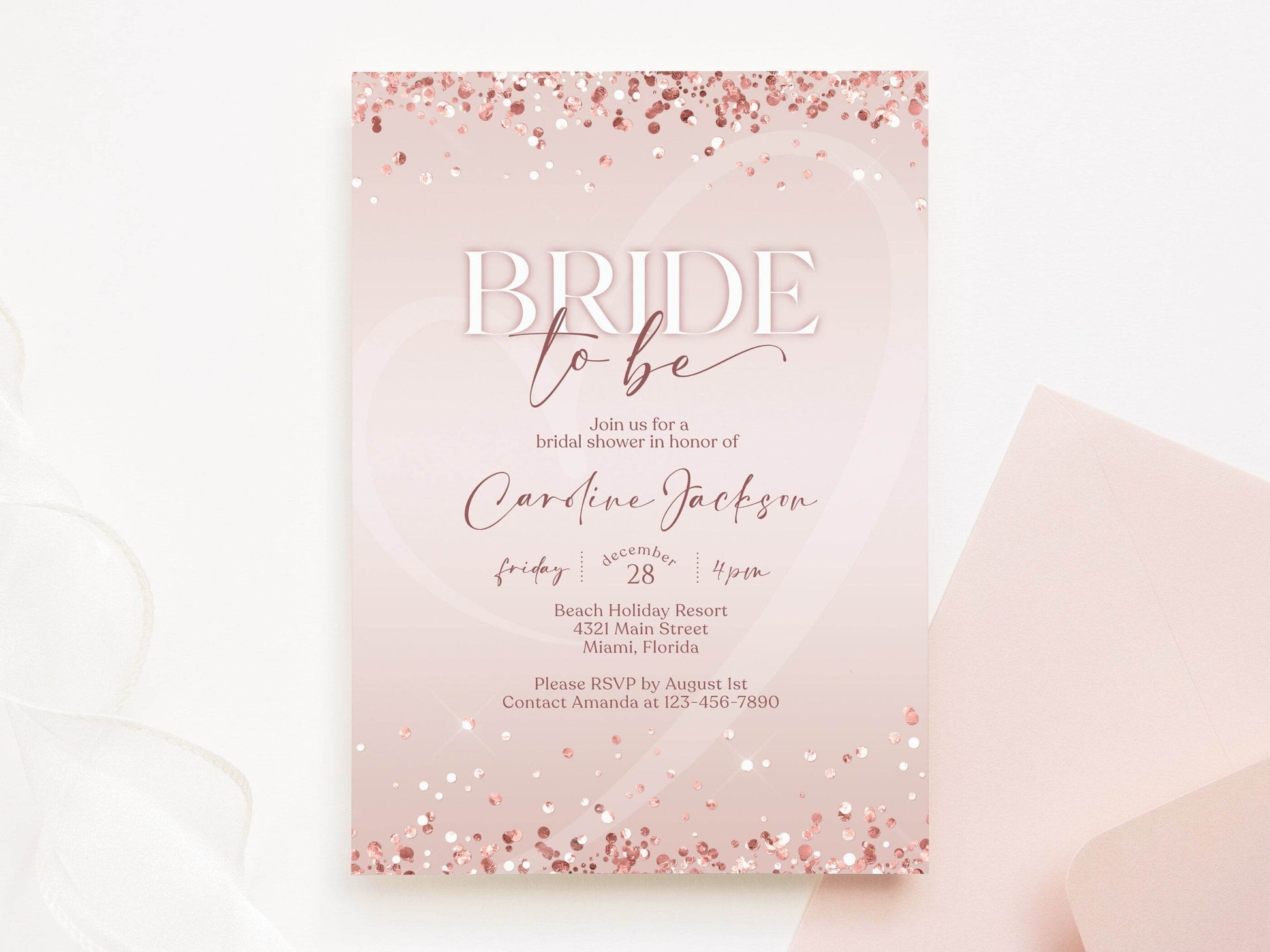 Editable Bride-to-Be Invitation Template – Blush Pink & Rose Gold Confetti Bridal Shower Invite | Digital Text or Email Evite | Instant Download