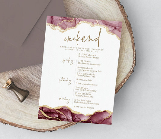 Printable Burgundy Gold Weekend Itinerary Template, Editable Hens Party Bachelorette Schedule, Elegant Birthday Weekend Invitation, Instant Download