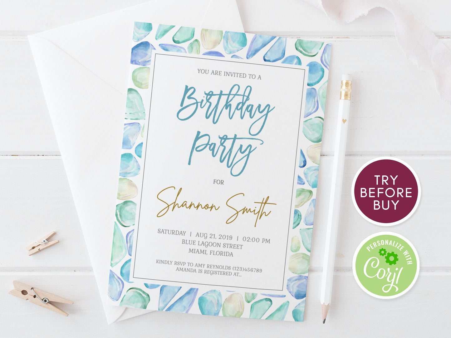 Watercolor Beach Birthday Invitation Template, Editable Birthday Invite, Any Age Birthday Invitation, Sea Glass, Ocean Sea, Instant Download