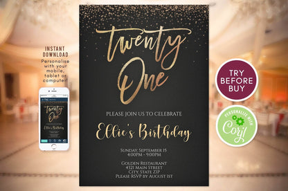21st Birthday Invitation Gold, Gold Foil Invite, Twenty One Invitation, 21 Black Gold Invite, Printable 21st Invitation, Instant Download