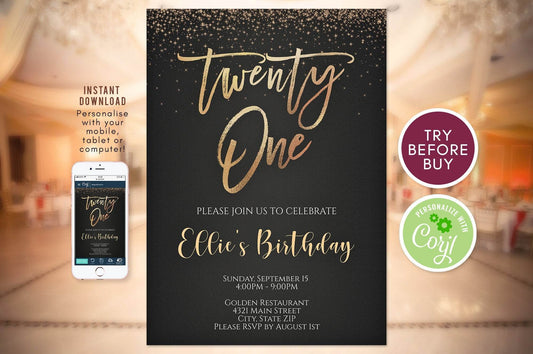 21st Birthday Invitation Gold, Gold Foil Invite, Twenty One Invitation, 21 Black Gold Invite, Printable 21st Invitation, Instant Download