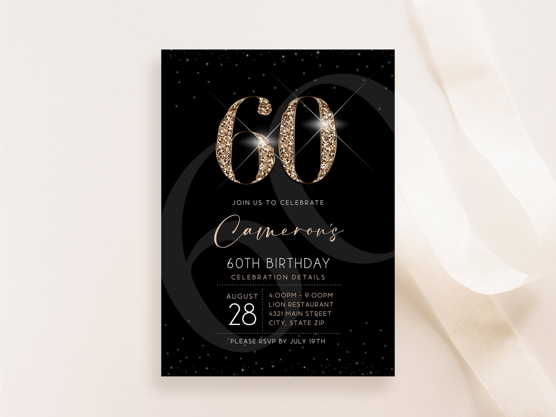 Black Gold Luxury 60th Sixty Birthday Invitation Template, Printable Men's Invite, Editable Invitation, Elegant Invite, Email Text Message
