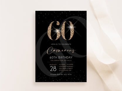Black Gold Luxury 60th Sixty Birthday Invitation Template, Printable Men's Invite, Editable Invitation, Elegant Invite, Email Text Message