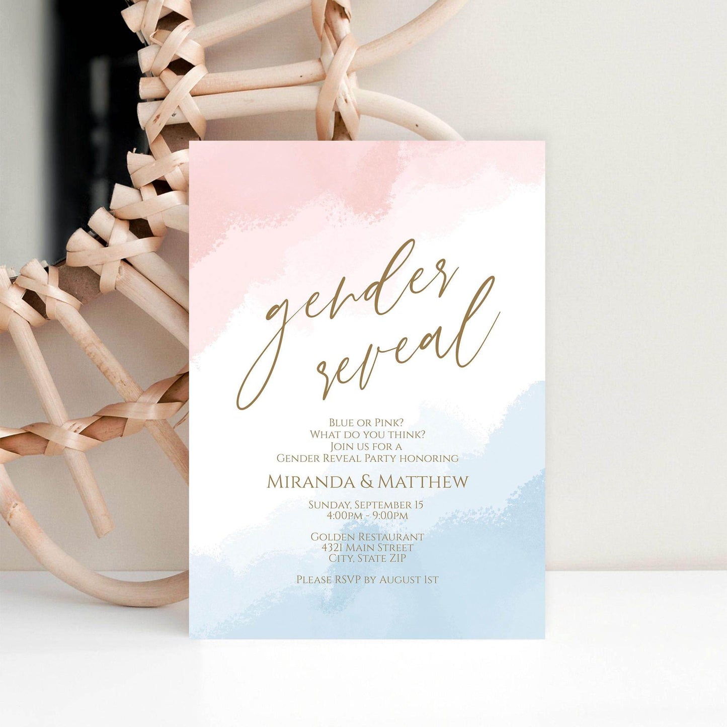 Gender Reveal Invitation Template, He or She Baby Shower Invite, Editable Pink Blue Card, Digital Boy or Girl Evite, Instant Download