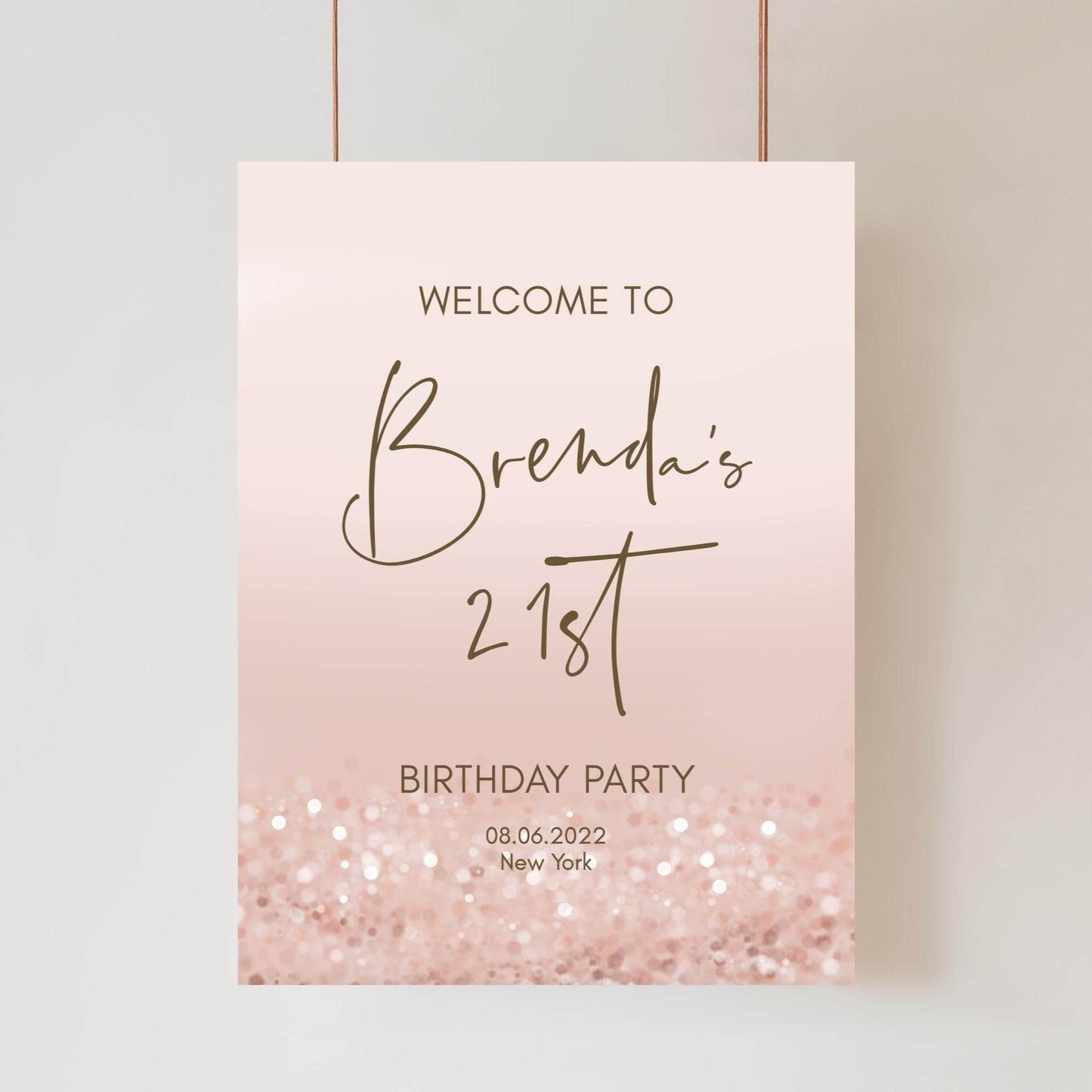 21st Birthday Welcome Sign Template – Editable Pink & Rose Gold Confetti Welcome Poster | Modern Twenty One Party Sign | Instant Digital Download