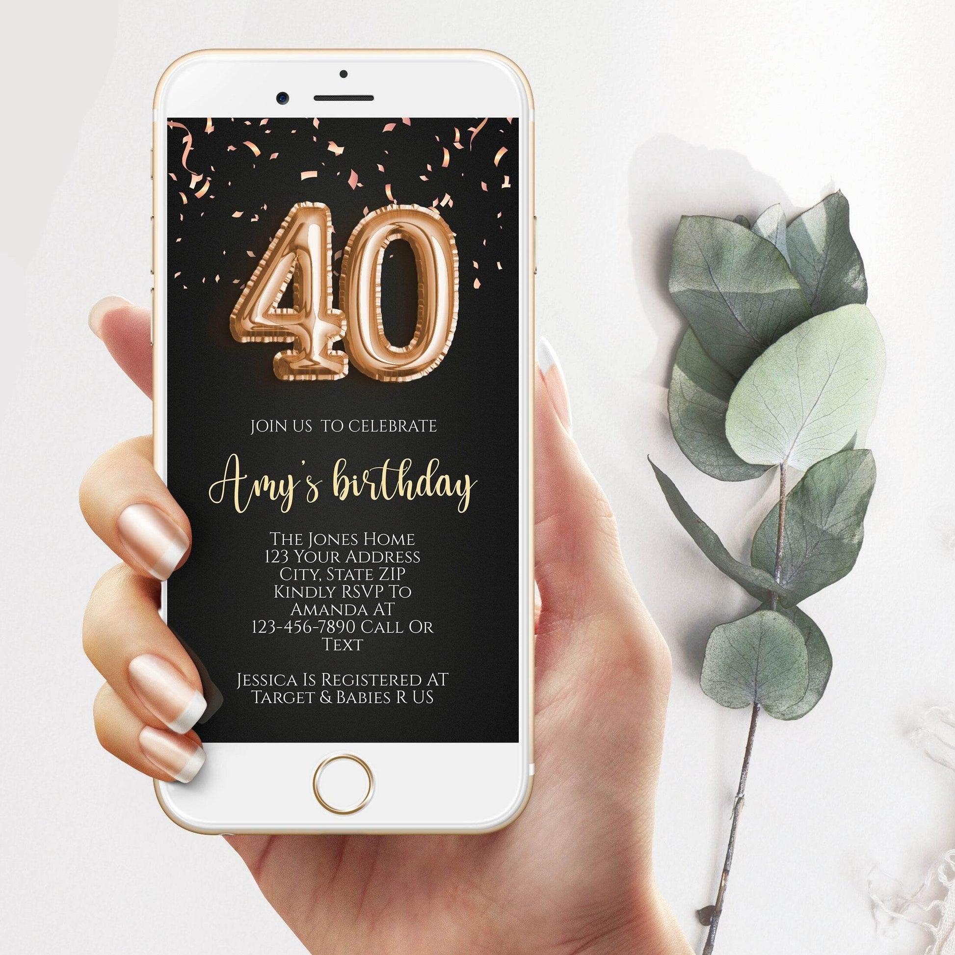 Electronic 40th Gold Balloons Birthday Text Invitation Template – Editable Forty Birthday Digital Phone Invitation | Mobile Evite | Instant Download