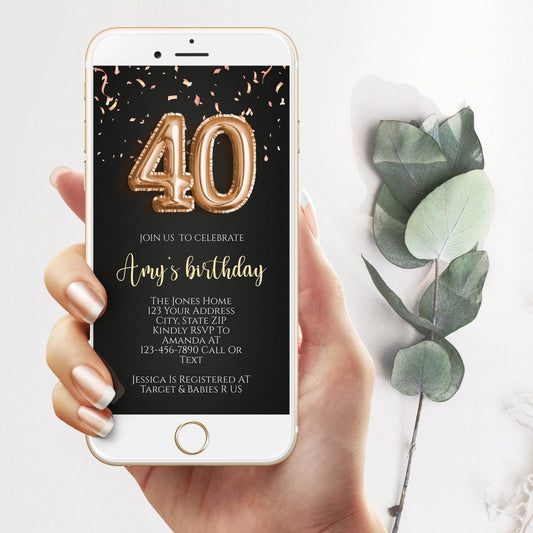 Electronic 40th Gold Balloons Birthday Text Invitation Template – Editable Forty Birthday Digital Phone Invitation | Mobile Evite | Instant Download