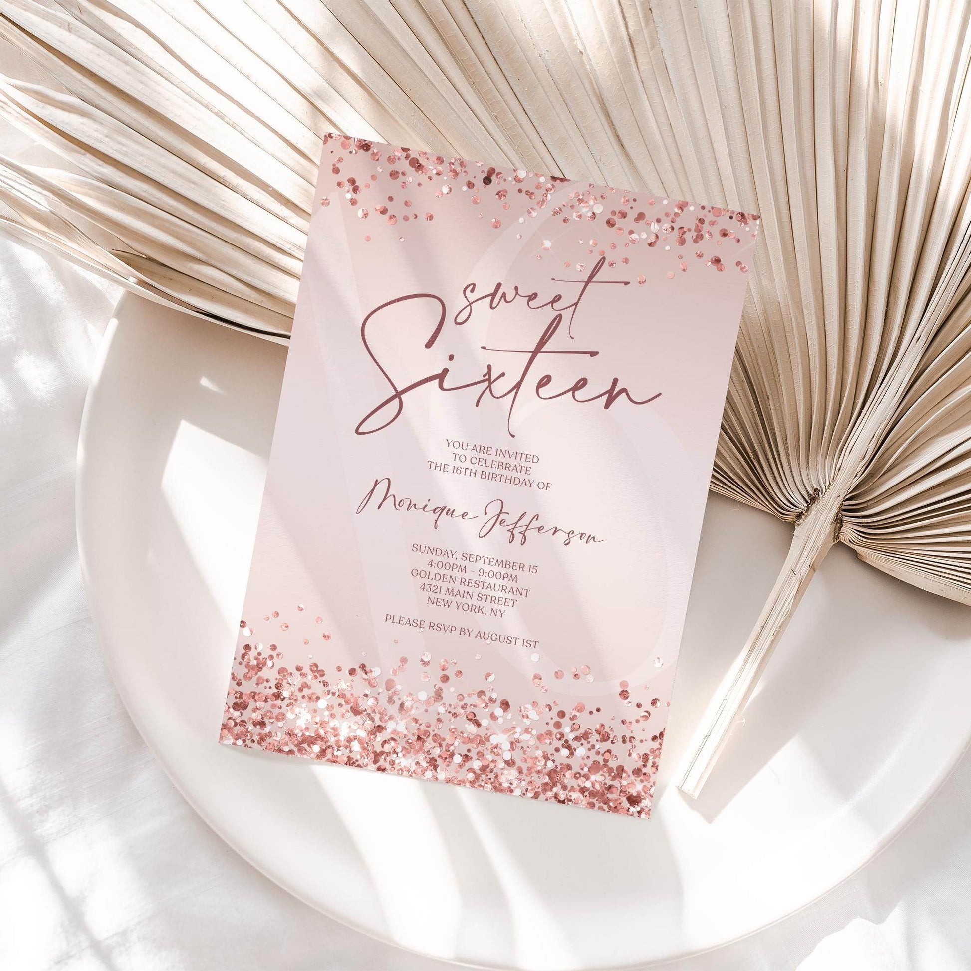Sweet Sixteen Invitation Template Printable, Pink Rose Gold Confetti 16th Birthday Invite, Editable Girl Party Evite, Text Message Download
