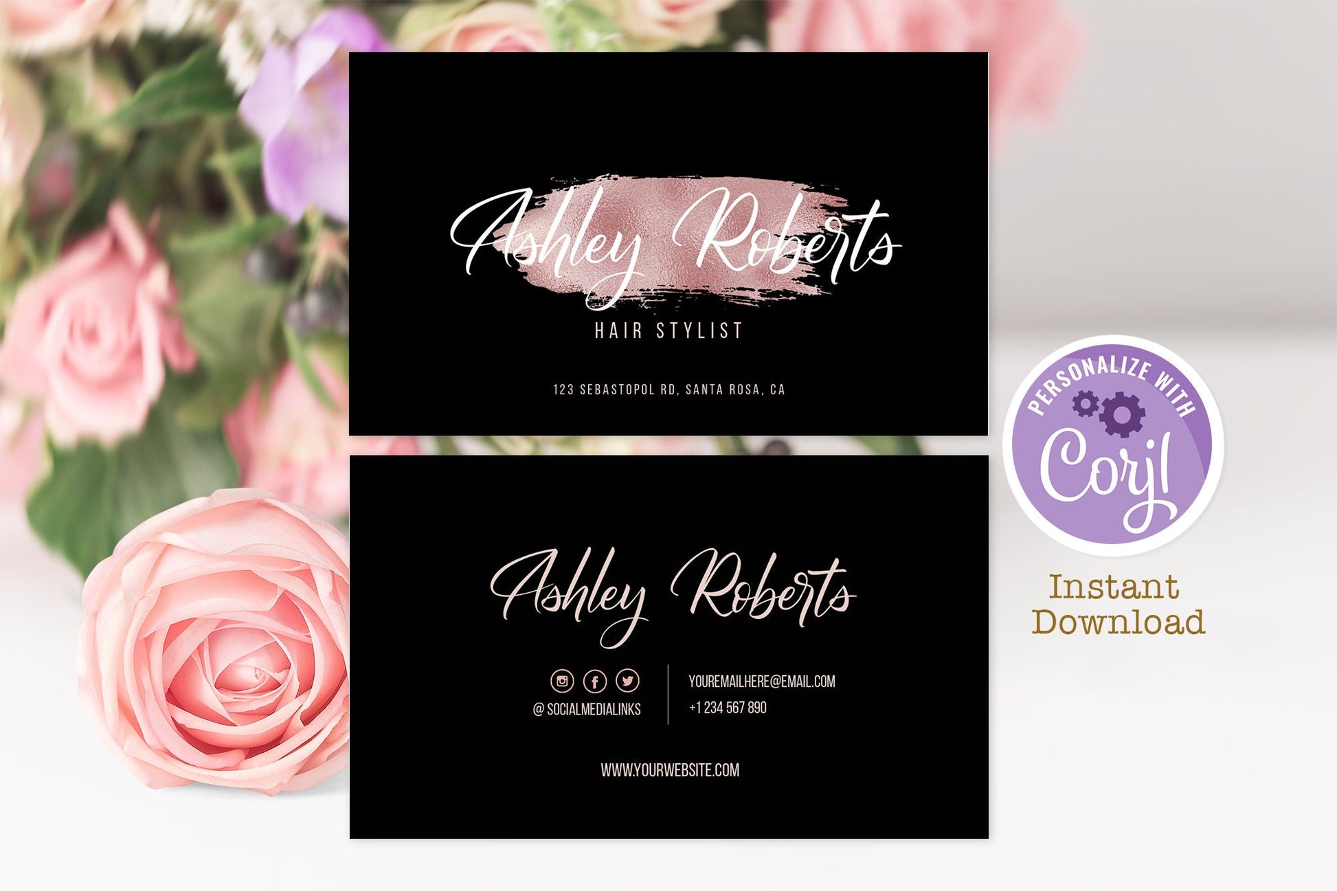 Editable Business Card Template, Dark Rose Gold Business Card, Printable Beauty Business, Online Store, Calling Cards Business Stationery