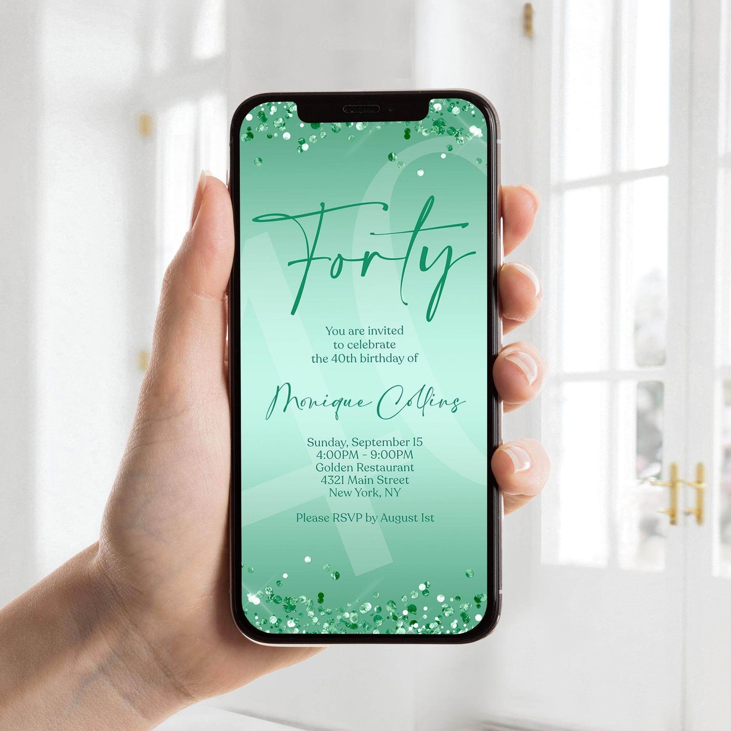 Digital Mint Green 40th Birthday Invitation Template, Electronic Forty Birthday Invite, Mint Foil Confetti Editable Text Message Evite