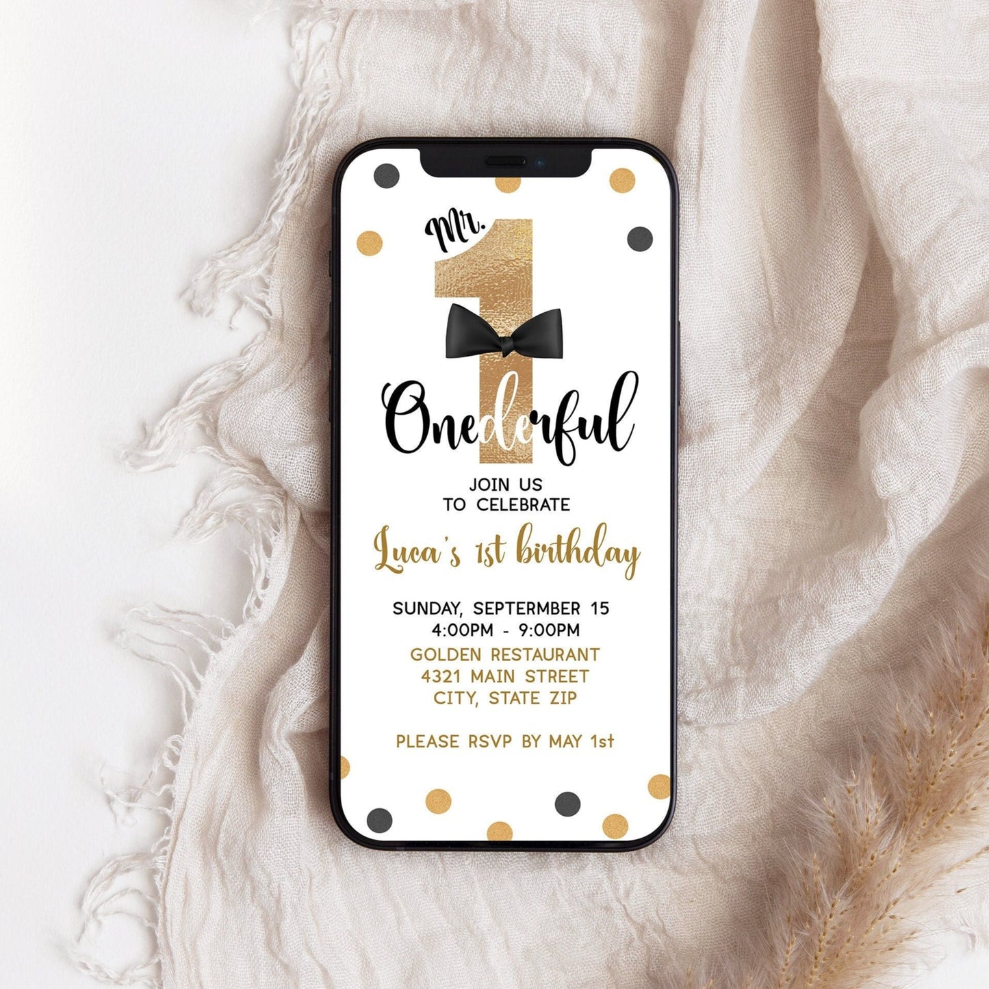 Electronic Mr. ONEderful Birthday Invitation, Editable First Birthday ONEderful, Phone Email Text Message Invite, ONEderful Digital Template