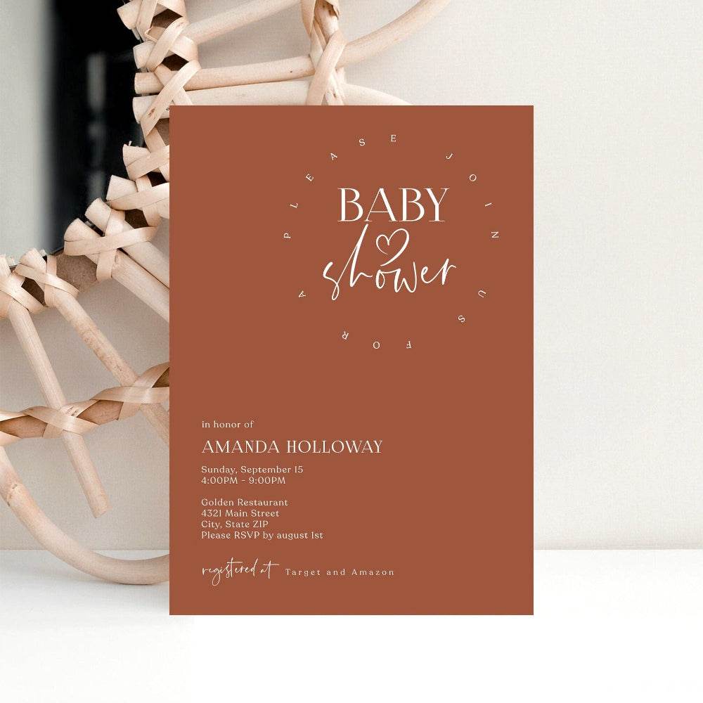 Minimalist Baby Shower Invitation Template – Terracotta Editable Invite | Printable Baby Shower Card | Email Text Message Digital Download