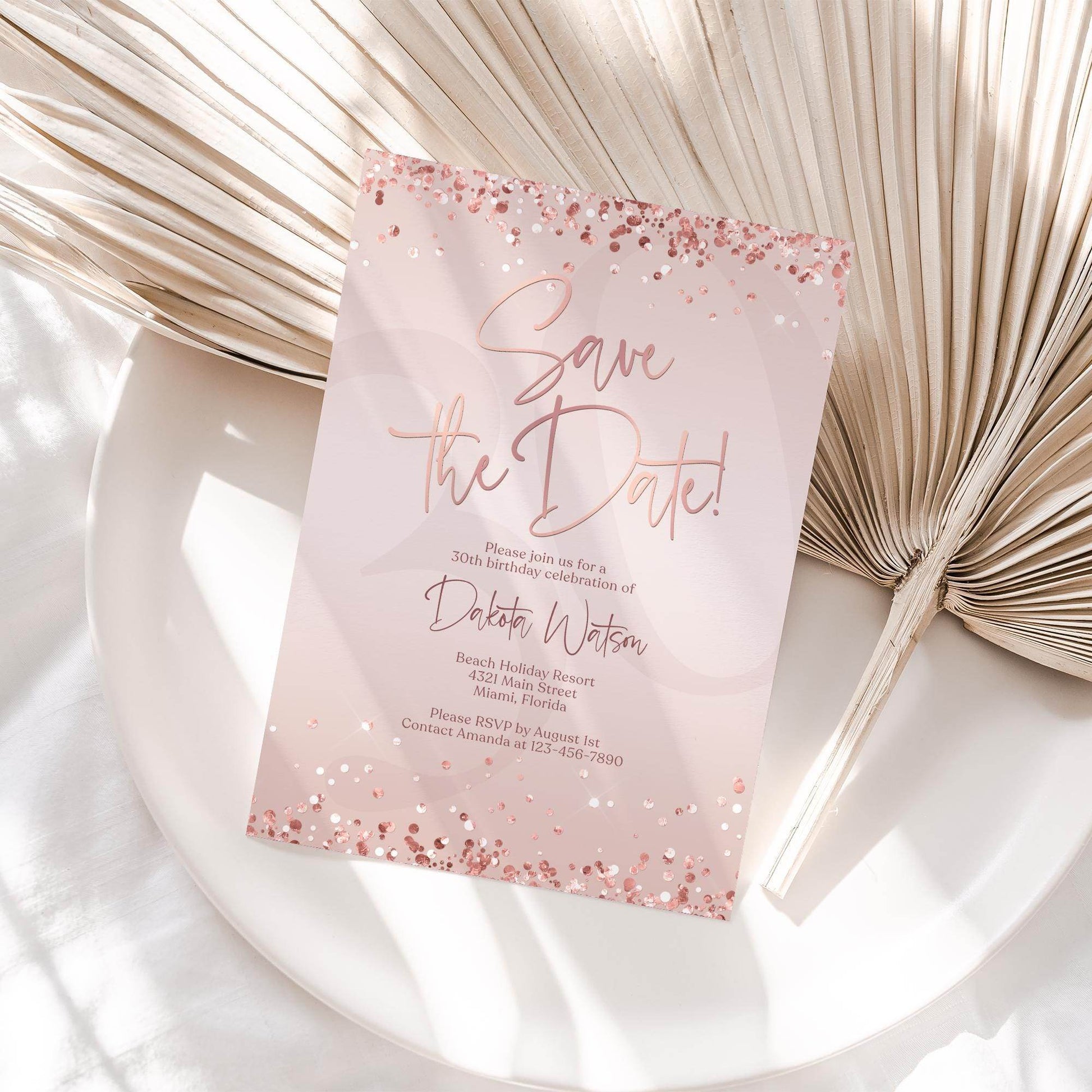 Save the Date Invitation Template | Editable Pink Rose Gold Birthday Invite | Any Age Digital Evite | Printable Text or Email Card | Instant Download