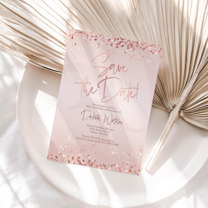 Save the Date Invitation Template | Editable Pink Rose Gold Birthday Invite | Any Age Digital Evite | Printable Text or Email Card | Instant Download