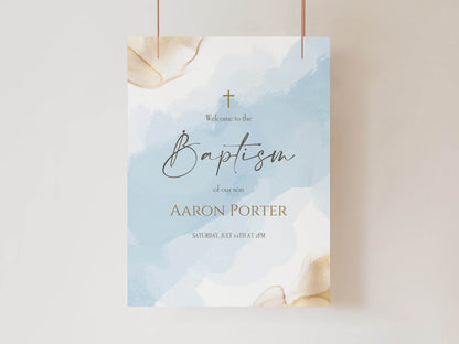 Boy Baptism Welcome Sign Printable, Blue Gold Christening Sign, Editable Watercolor Poster Template, Digital Download, Baby Welcome Board