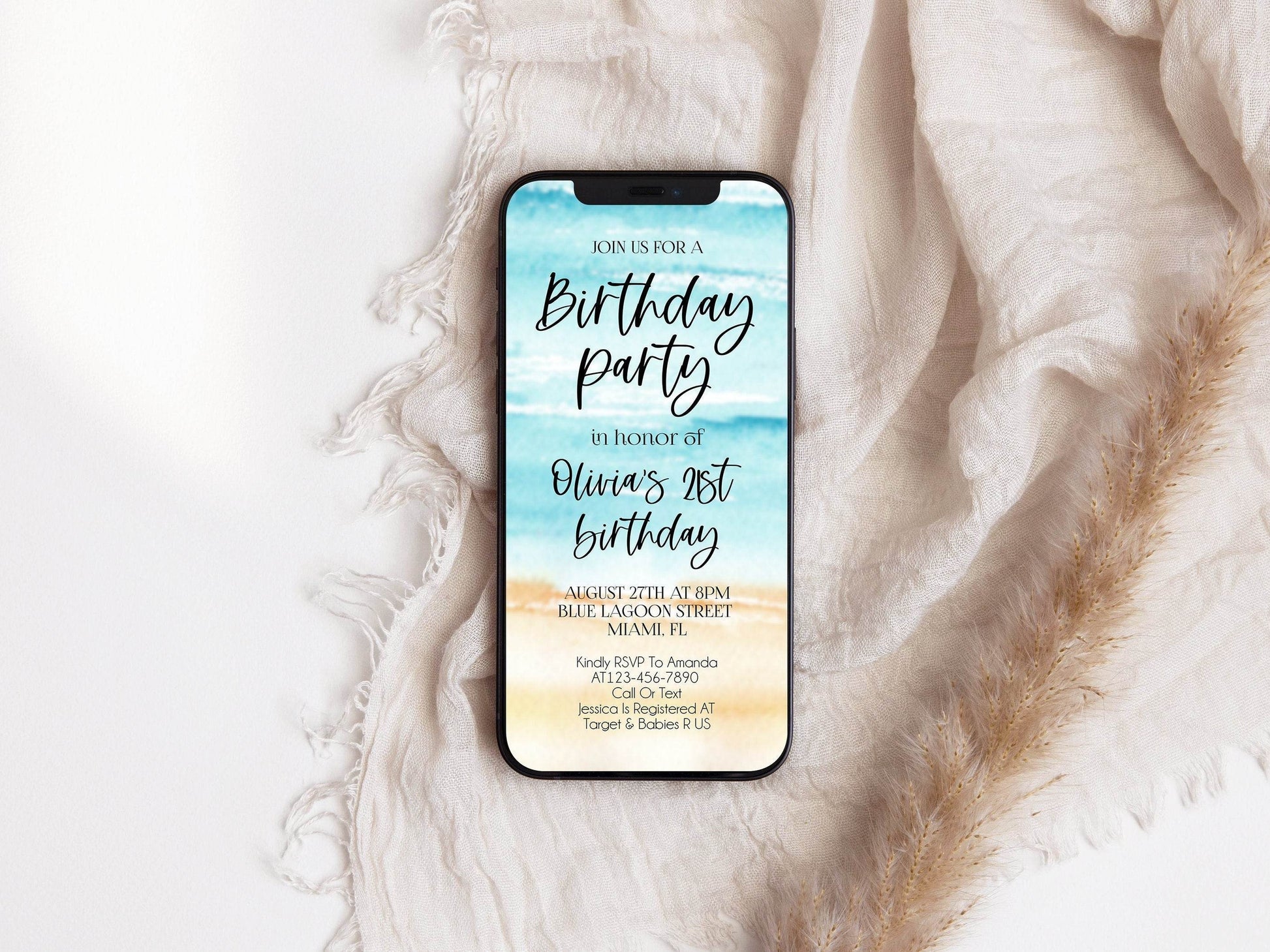 Electronic Beach Party Evite Invitation, Birthday Email Text Message Invite, 21st Birthday Digital Template, Watercolor smartphone Invite