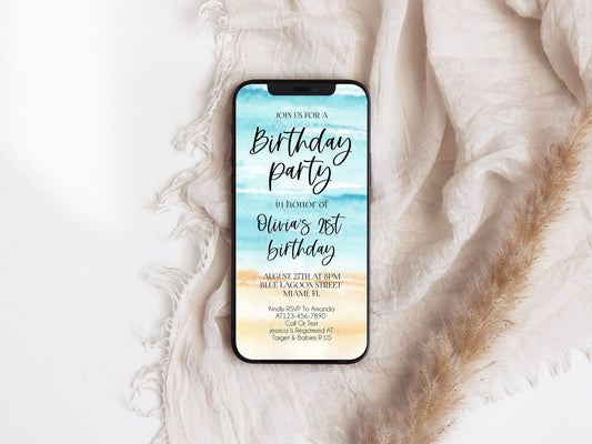 Electronic Beach Party Evite Invitation, Birthday Email Text Message Invite, 21st Birthday Digital Template, Watercolor smartphone Invite