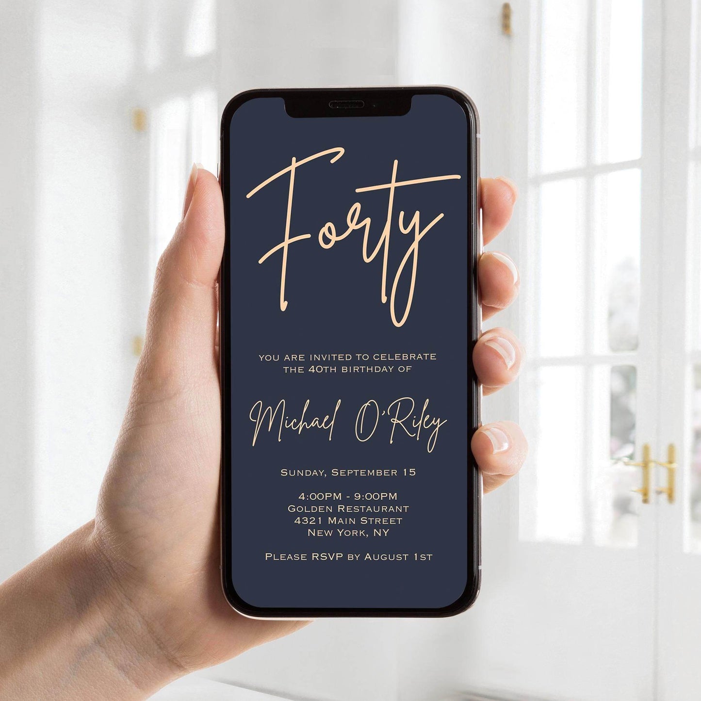 Navy Gold 40th Birthday Electronic Invitation – Editable Digital Evite Template – Text Message or Email Invite – Mens 40th Birthday Party Invite