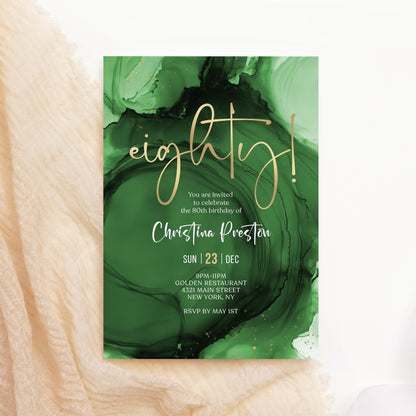 Green Emerald Gold 80th Birthday Invitation Template, Printable & Editable Surprise Birthday Invite, Digital Download