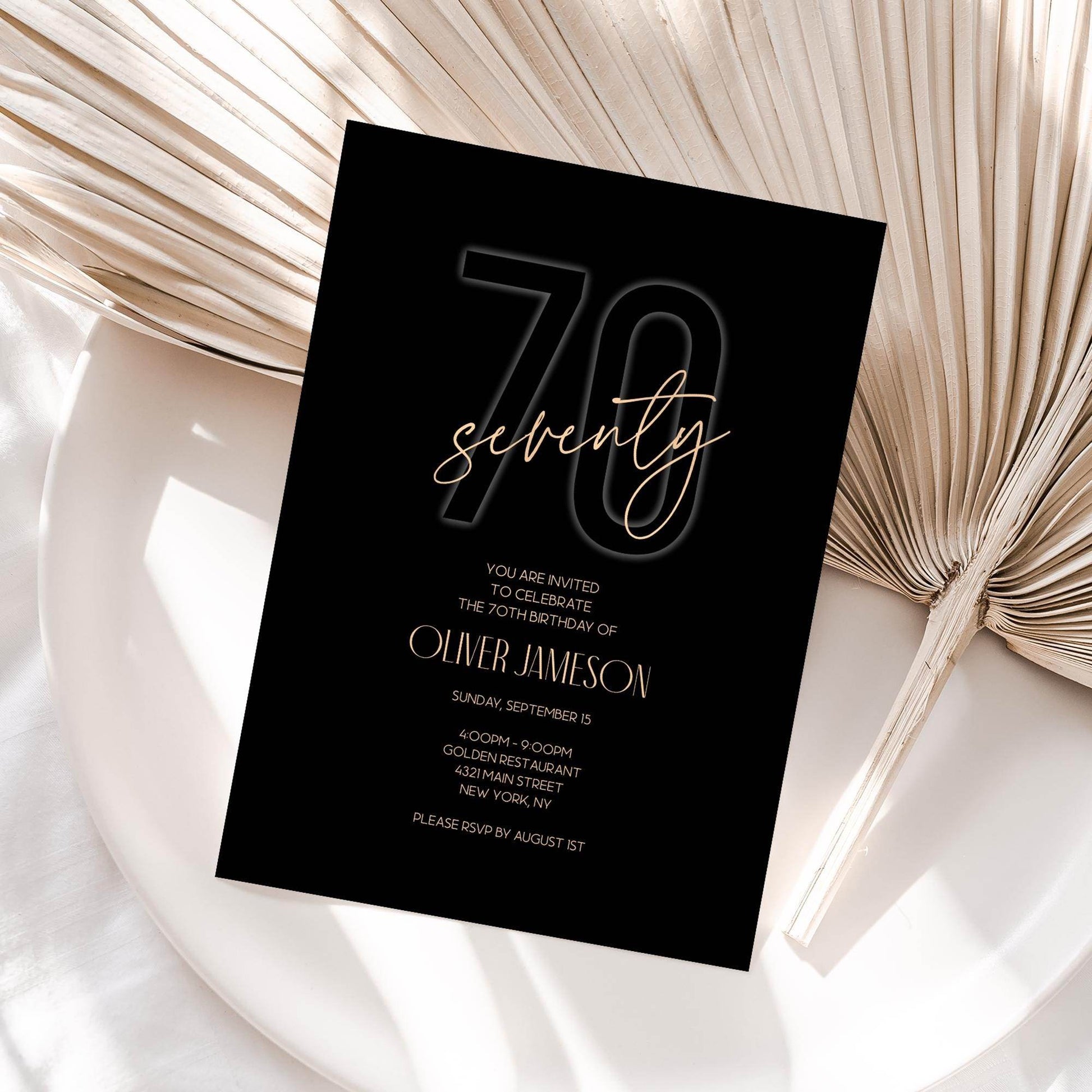 Printable 70th Birthday Invitation for Men Black and Gold | Editable 70th Birthday Invite Template | Elegant Seventy Birthday Party Invitation