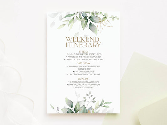 Printable Wedding Itinerary Template, Greenery Weekend Timeline, Editable Schedule of Events, Minimalist Wedding Itinerary Download