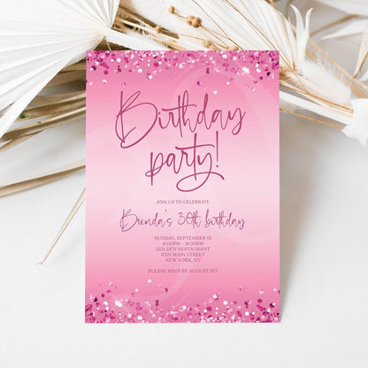 Pink 30th Birthday Invitation Template – Editable Hot Pink Fuchsia Party Invite | Printable Digital Birthday Card | Instant Download