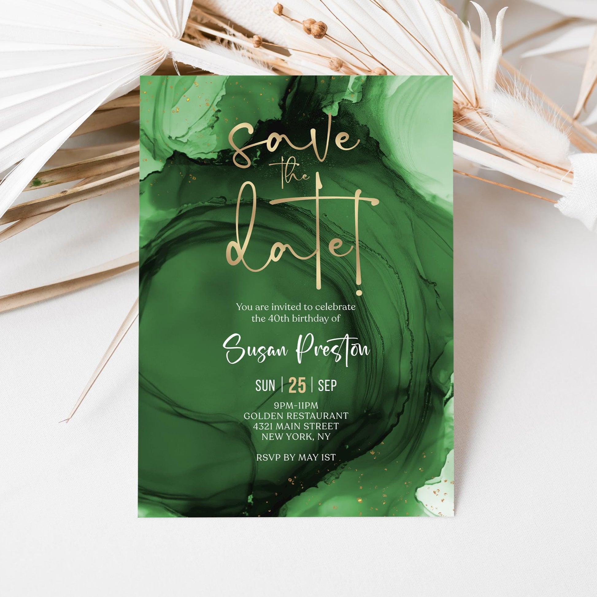 Green Emerald Gold Save the Date Invitation Template, Printable Birthday Party Announcement Cards, Editable Modern Invite, Digital Download