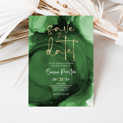 Green Emerald Gold Save the Date Invitation Template, Printable Birthday Party Announcement Cards, Editable Modern Invite, Digital Download