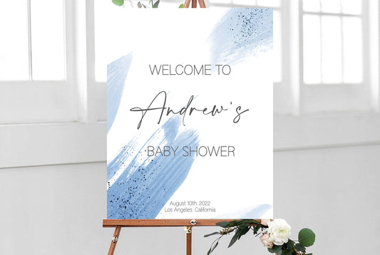 Printable Boy Baby Shower Welcome Sign Template, Boy Baby Shower Poster Blue Watercolor, EDITABLE Welcome Sign, DIY Elegant Template