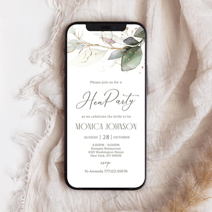 Digital Hen Party Invitation Template, Electronic Hen Party Invite, Phone Invitation, Editable Invite, Greenery Leaves, Text Message Evite