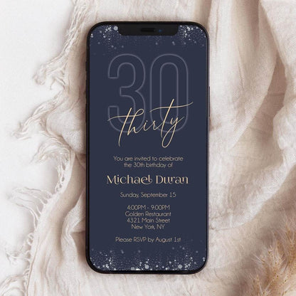 Electronic Navy Gold 30th Birthday Invitation Template – Editable Digital Evite for Men | Phone & Email Text Message Invite | Instant Download